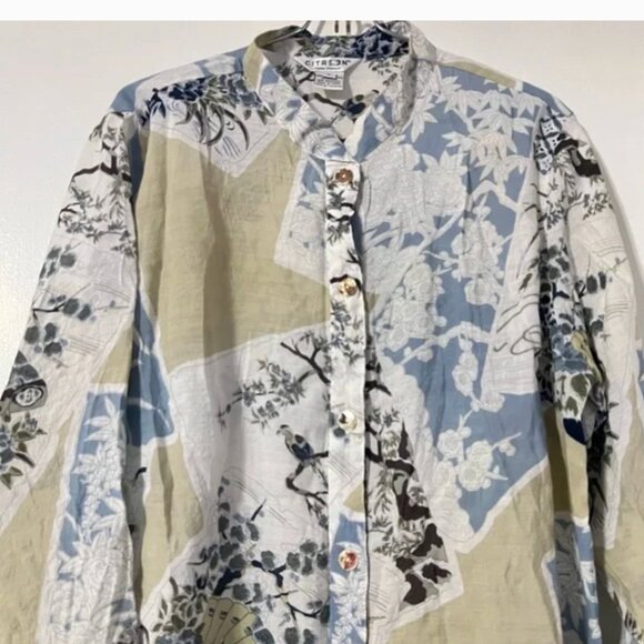 Citron of Santa Monica Asian Print Bamboo Blend Button Down Long Tunic Sz L - Picture 2 of 15